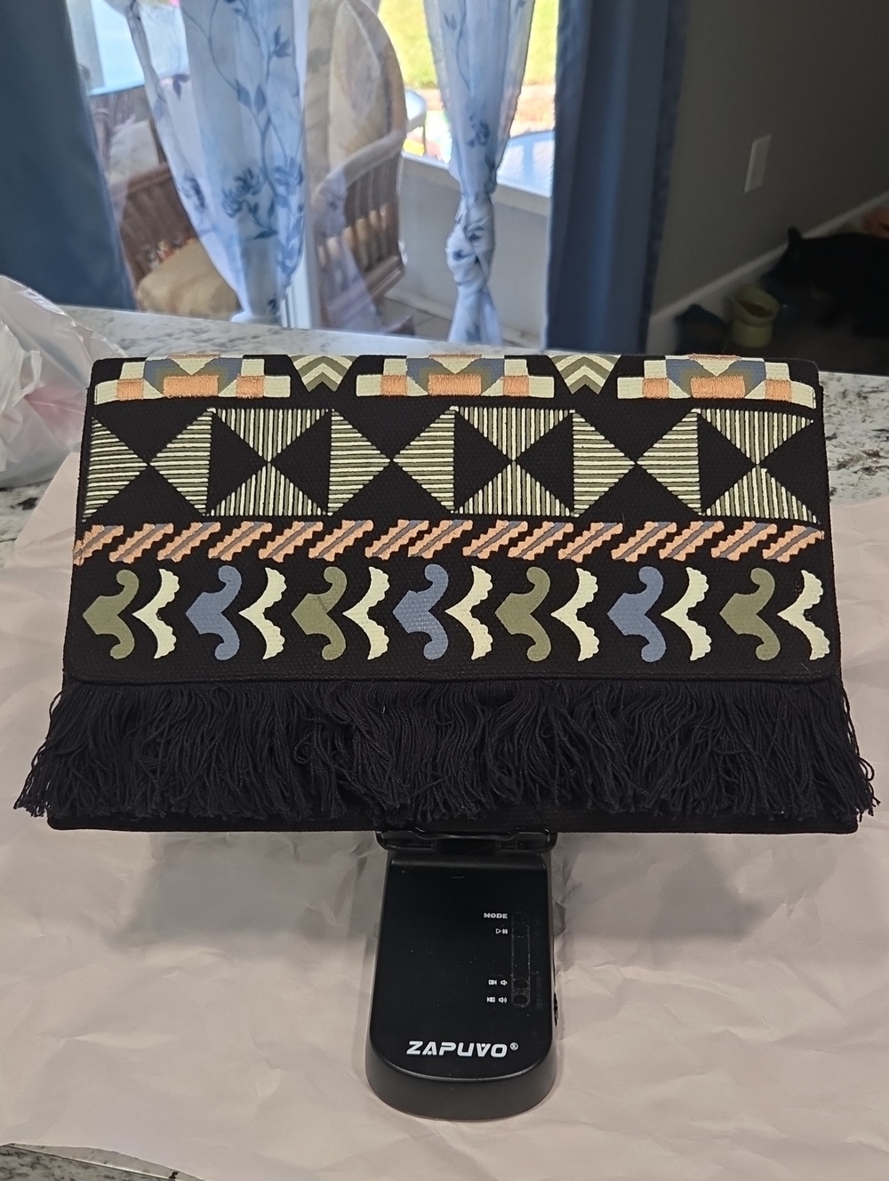 Stella & Dot Black Clutch with Tan, Olive, and Slate Blue Accents